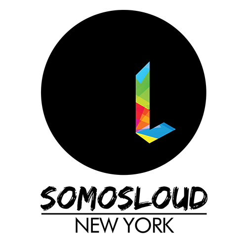 The logo for Somosloud, which reads "Somosloud New York" and is accompanied by a black circle with a rainbow "L" inside it.
