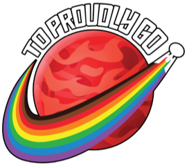 The logo for "TO Proudly Go," featuring a rocket trailing a rainbow around a planet
